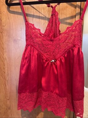 Red Lace Satin Chemise with Bow Accent